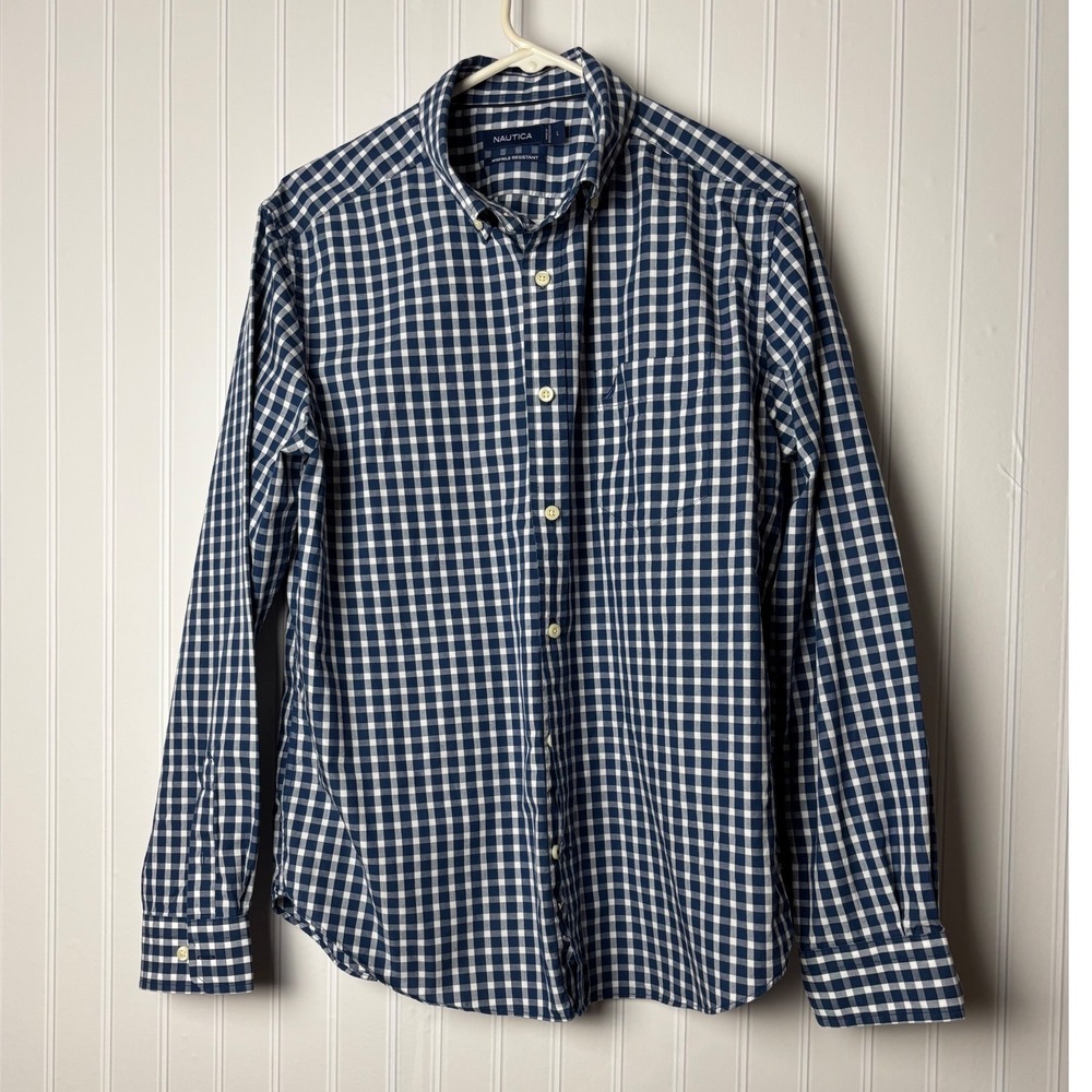 Nautica Mens Blue White Gingham Wrinkle Resistant Button Down Shirt Large